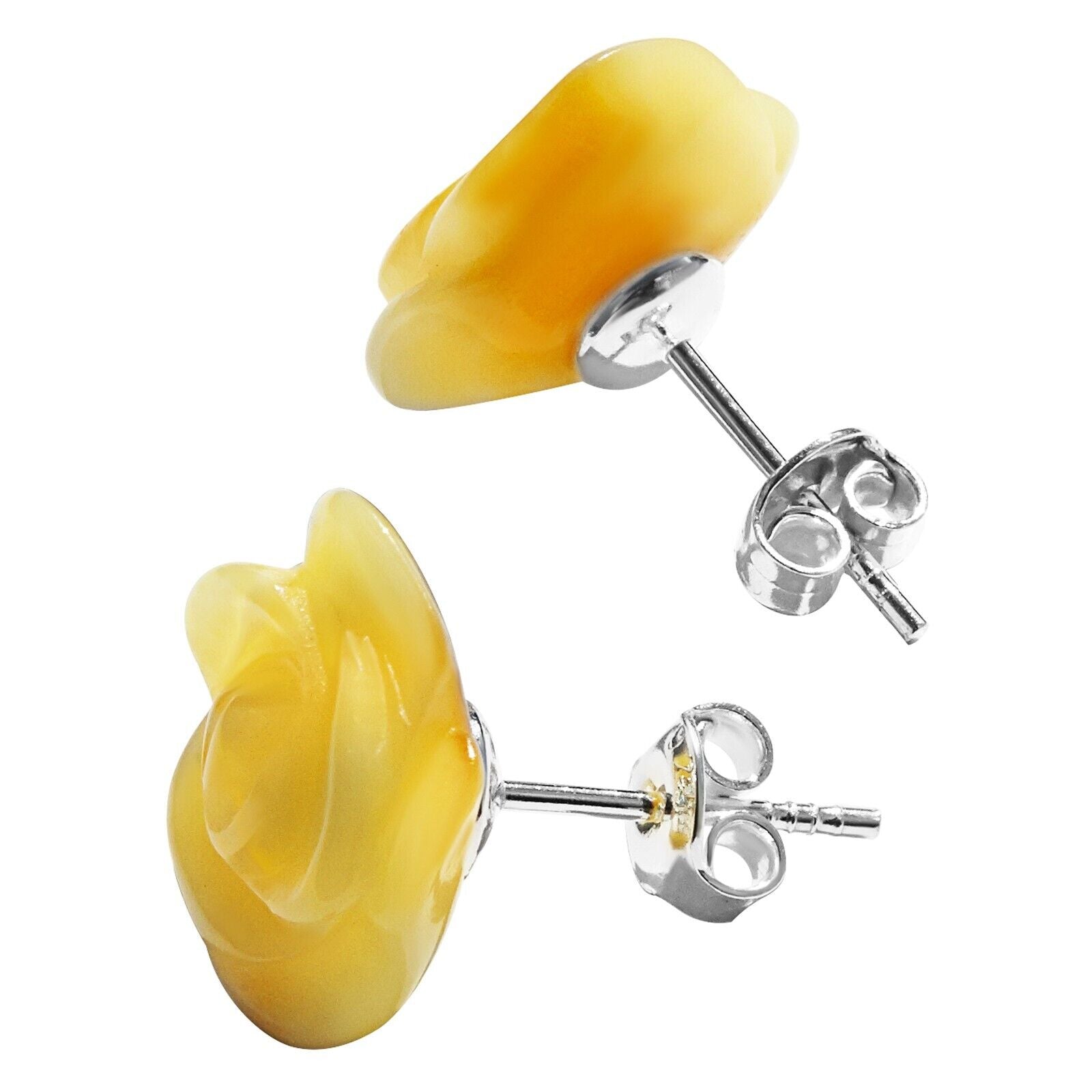 925 Solid Sterling Silver Butterscotch Baltic Amber Designer Rose Stud Earrings