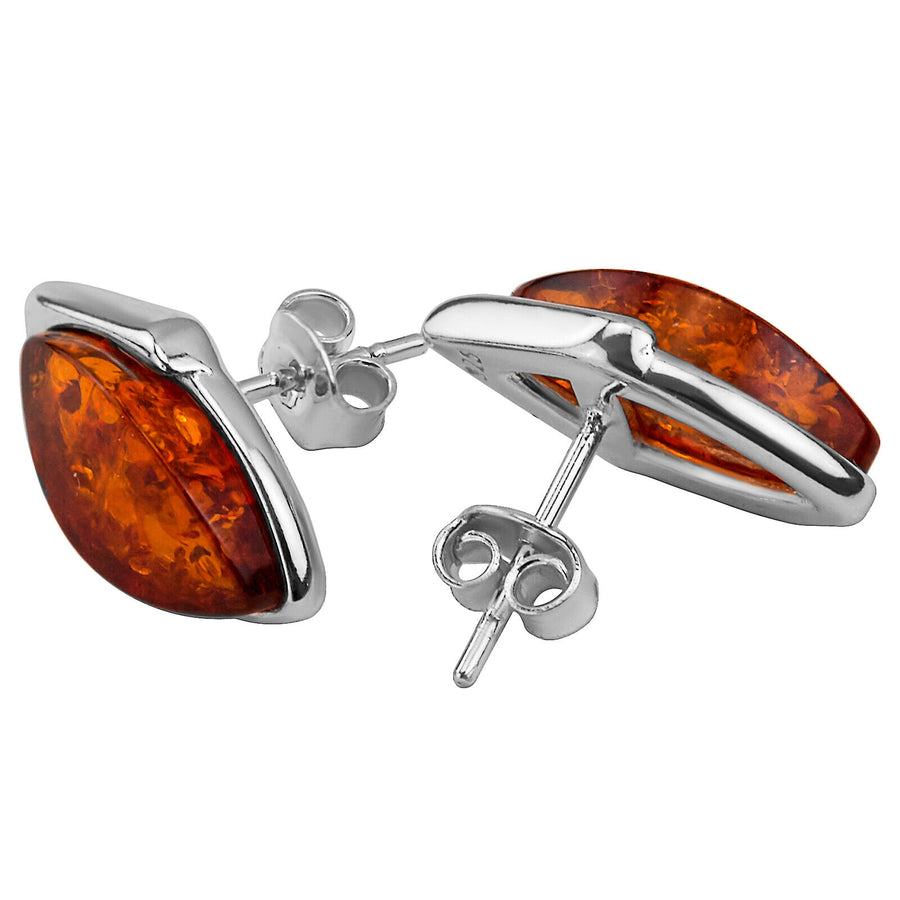 925 Solid Pure Sterling Silver Honey Baltic Amber Marquise Stud Pretty Earrings