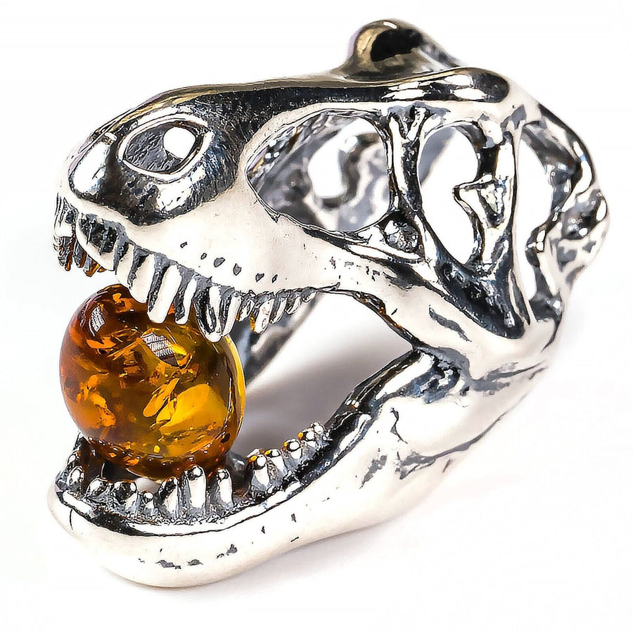 925 Solid Sterling Silver Honey Baltic Amber Jurassic Park T-Rex Slider Pendant