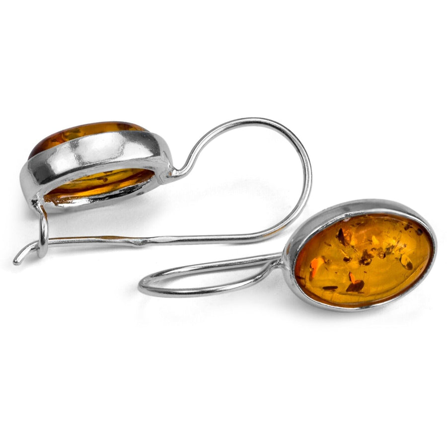 925 Solid Sterling Silver Honey Baltic Amber Beautiful Oval French Wire Earrings
