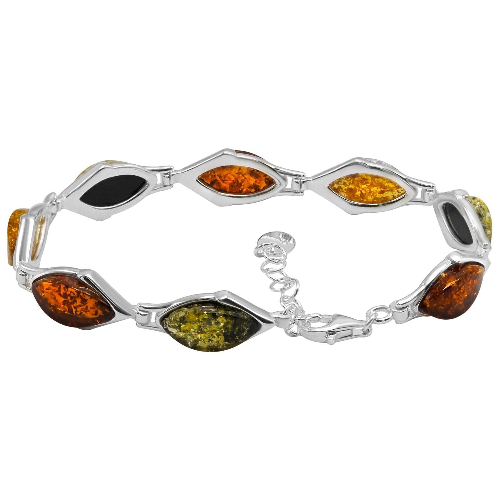 925 Sterling Silver Multicolor Baltic Amber Marquise Adjustable Bracelet 8 in
