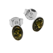 925 Solid Pure Sterling Silver Green Real Baltic Amber Oval Small Stud Earrings