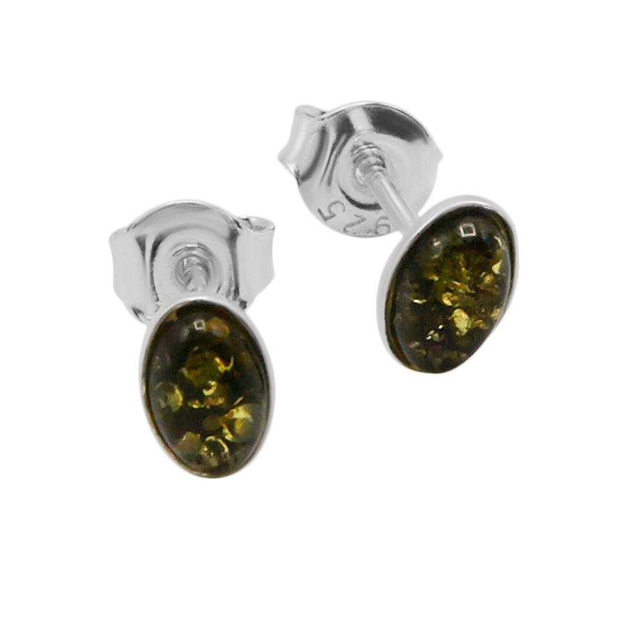 925 Solid Pure Sterling Silver Green Real Baltic Amber Oval Small Stud Earrings