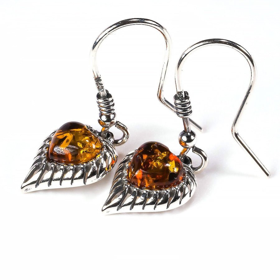 925 Solid Sterling Silver Honey Baltic Amber Beautiful Modern Heart Earrings