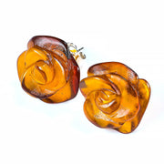 925 Solid Pure Sterling Silver Honey Baltic Amber Designer Rose Stud Earrings