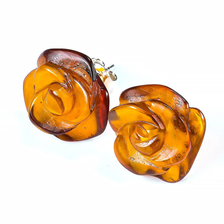 925 Solid Pure Sterling Silver Honey Baltic Amber Designer Rose Stud Earrings
