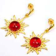 925 Solid Gold Plated Sterling Silver Red Amber Round Flaming Sun Nice Earrings