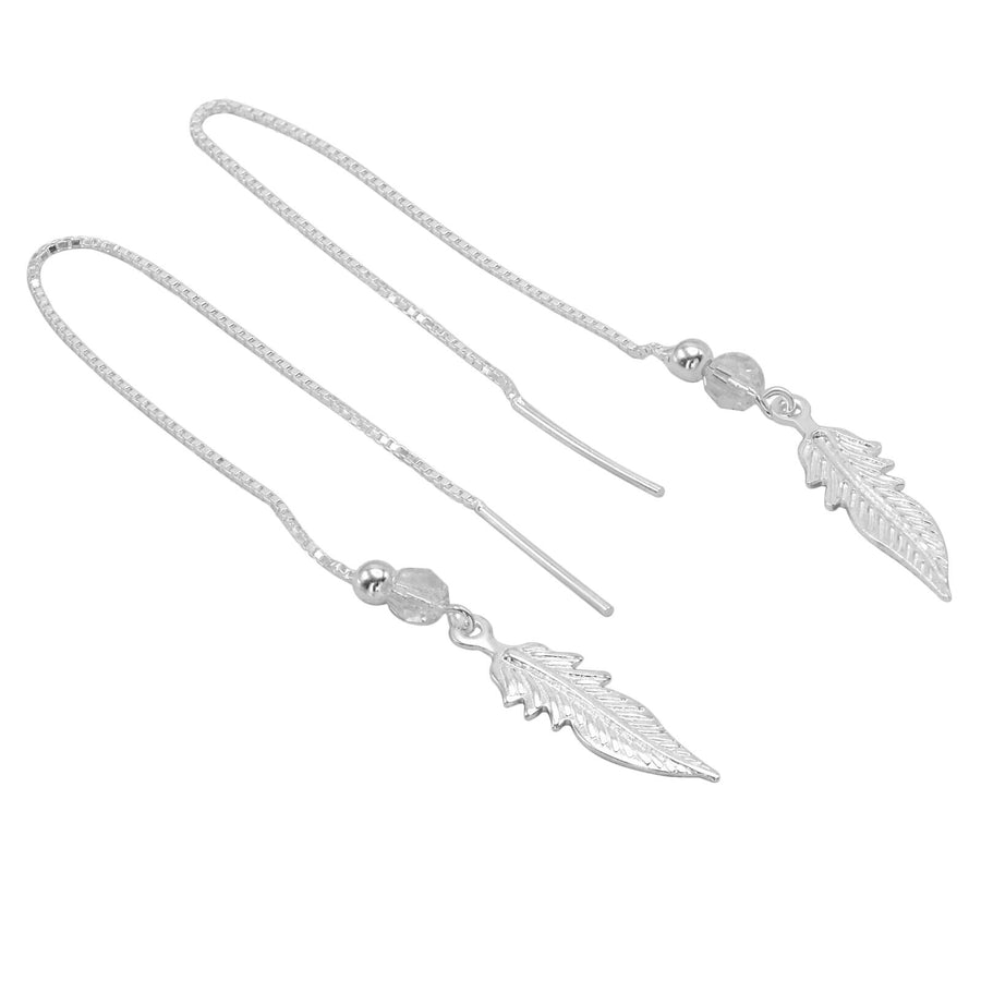 925 Solid Pure Sterling Silver Threader Crystal Feather Long Box Chain Earrings