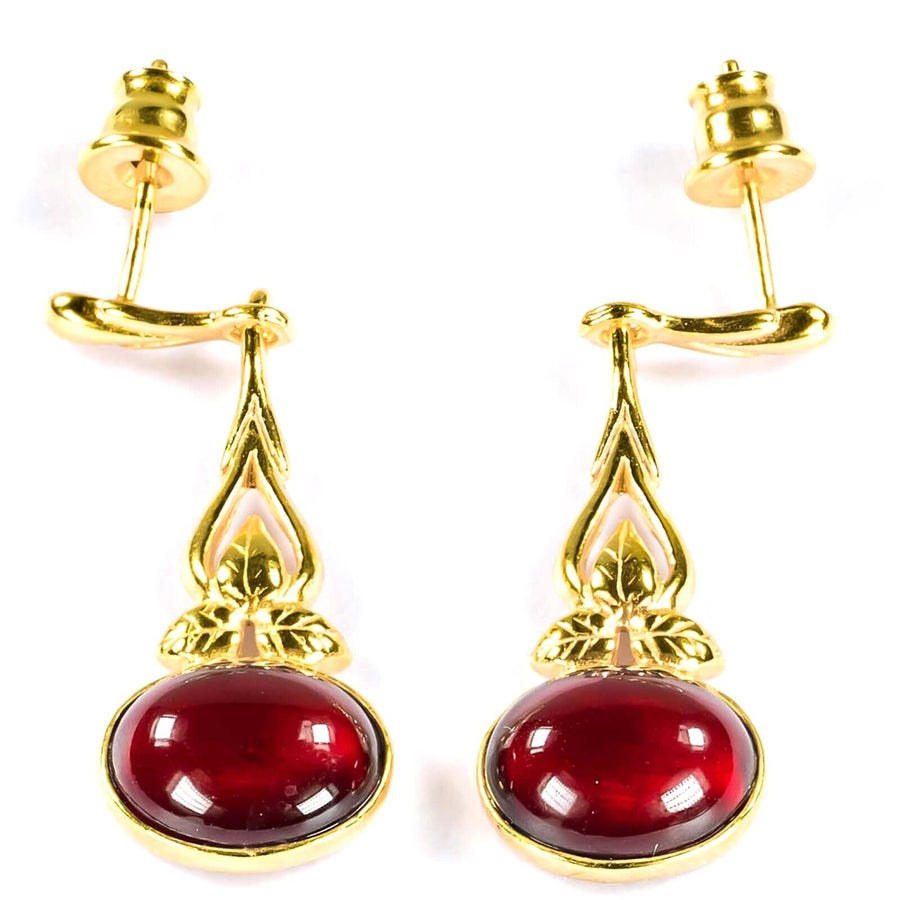 925 Solid Gold Plated Sterling Silver Red Amber Oval Beautiful Floral Earrings