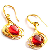 925 Solid Gold Plated Sterling Silver Red Amber Oval Beautiful Floral Earrings