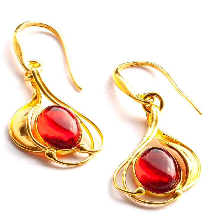925 Solid Gold Plated Sterling Silver Red Amber Oval Beautiful Floral Earrings