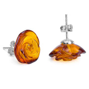 925 Solid Pure Sterling Silver Honey Baltic Amber Designer Rose Stud Earrings