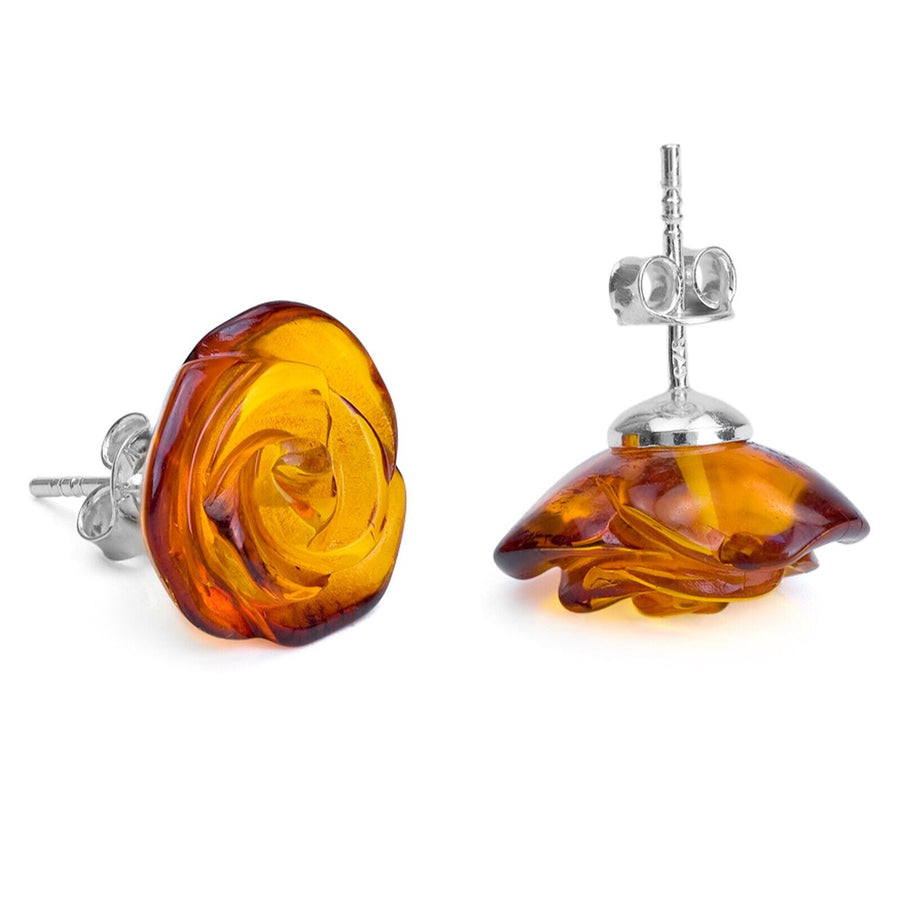 925 Solid Pure Sterling Silver Honey Baltic Amber Designer Rose Stud Earrings