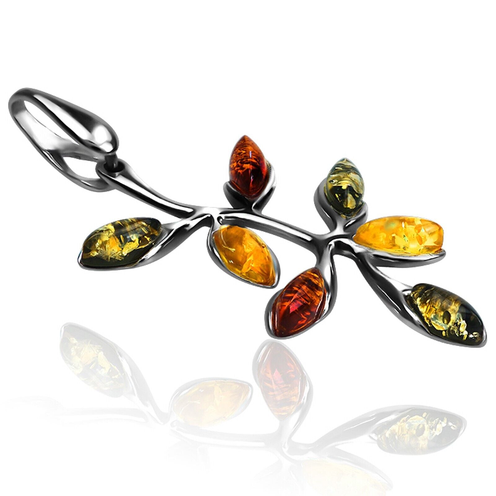 925 Solid Sterling Silver Multicolor Amber Marquise Beautiful Leaves Pendant