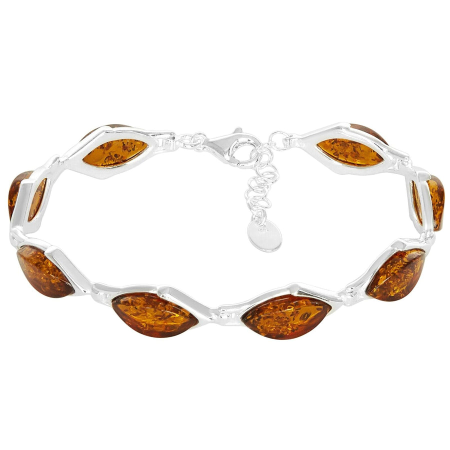 925 Sterling Silver Honey Baltic Amber Marquise Adjustable Bracelet 8 Inches
