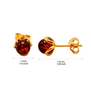 14k Pure Solid Yellow Gold Honey Baltic Amber Flower Designer Small Stud Earring