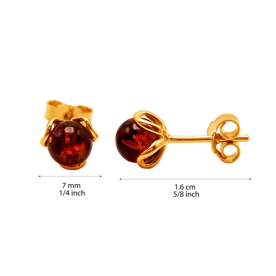14k Pure Solid Yellow Gold Honey Baltic Amber Flower Designer Small Stud Earring