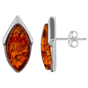 925 Solid Pure Sterling Silver Honey Baltic Amber Marquise Stud Pretty Earrings
