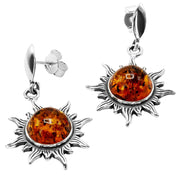 925 Solid Sterling Silver Honey Baltic Amber Classic Round Sun Pretty Earrings
