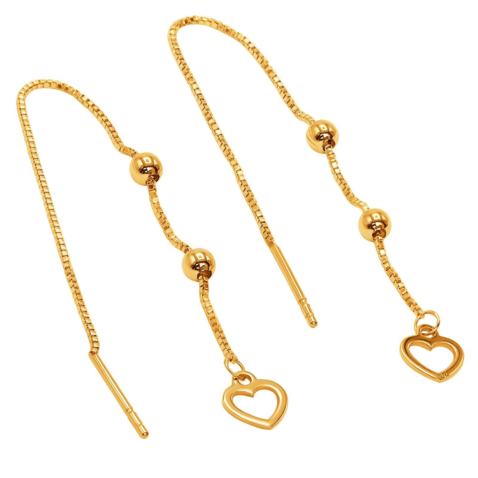 10k Pure Solid Yellow Gold Heart Long Drop Dangle Nice Threader Pretty Earrings