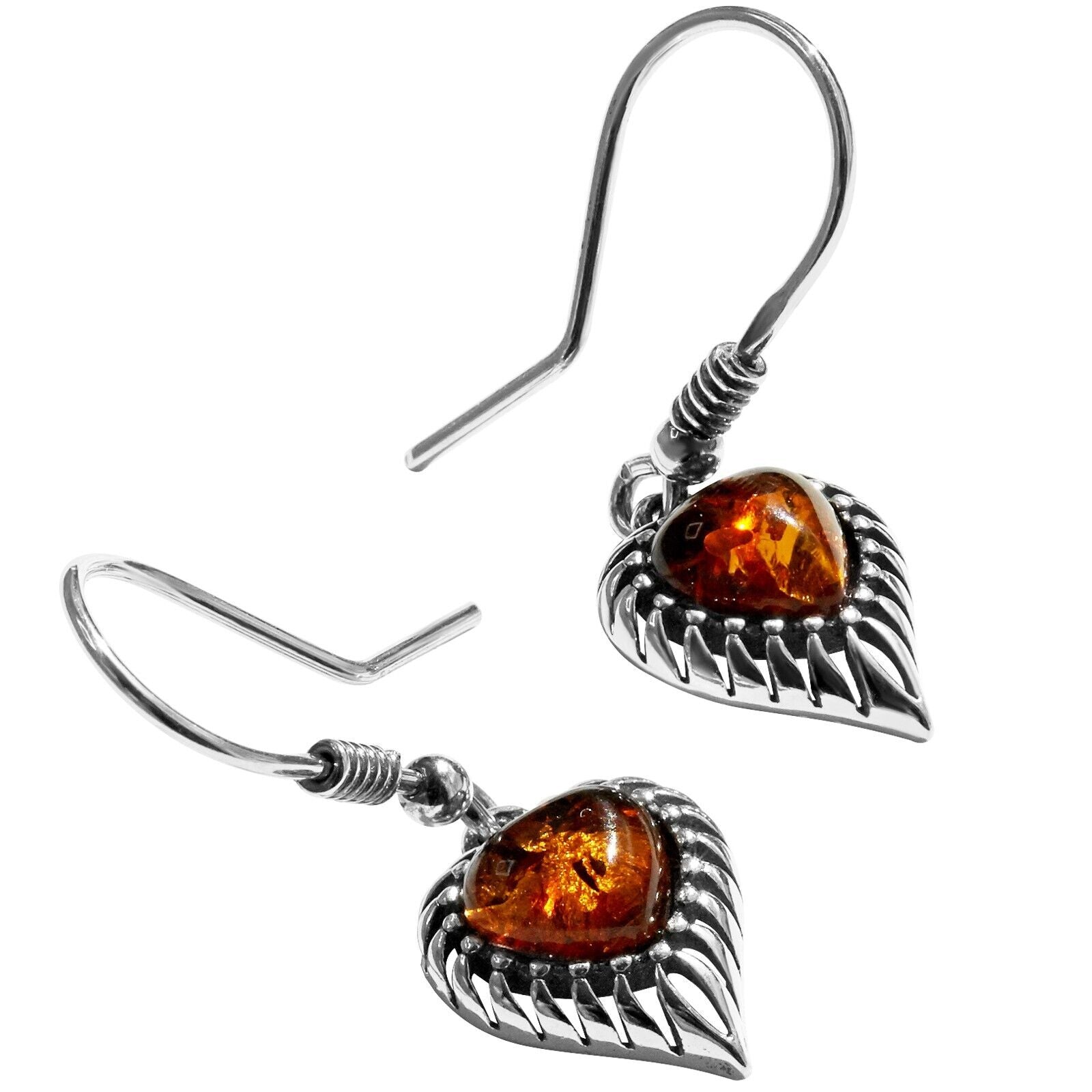 925 Solid Sterling Silver Honey Baltic Amber Beautiful Modern Heart Earrings