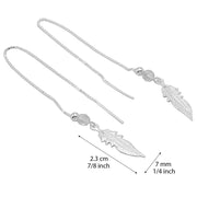 925 Solid Pure Sterling Silver Threader Crystal Feather Long Box Chain Earrings