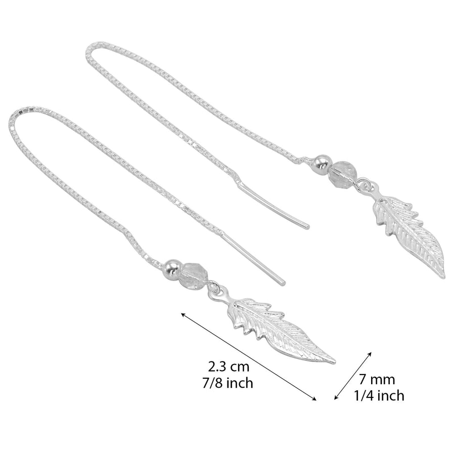 925 Solid Pure Sterling Silver Threader Crystal Feather Long Box Chain Earrings