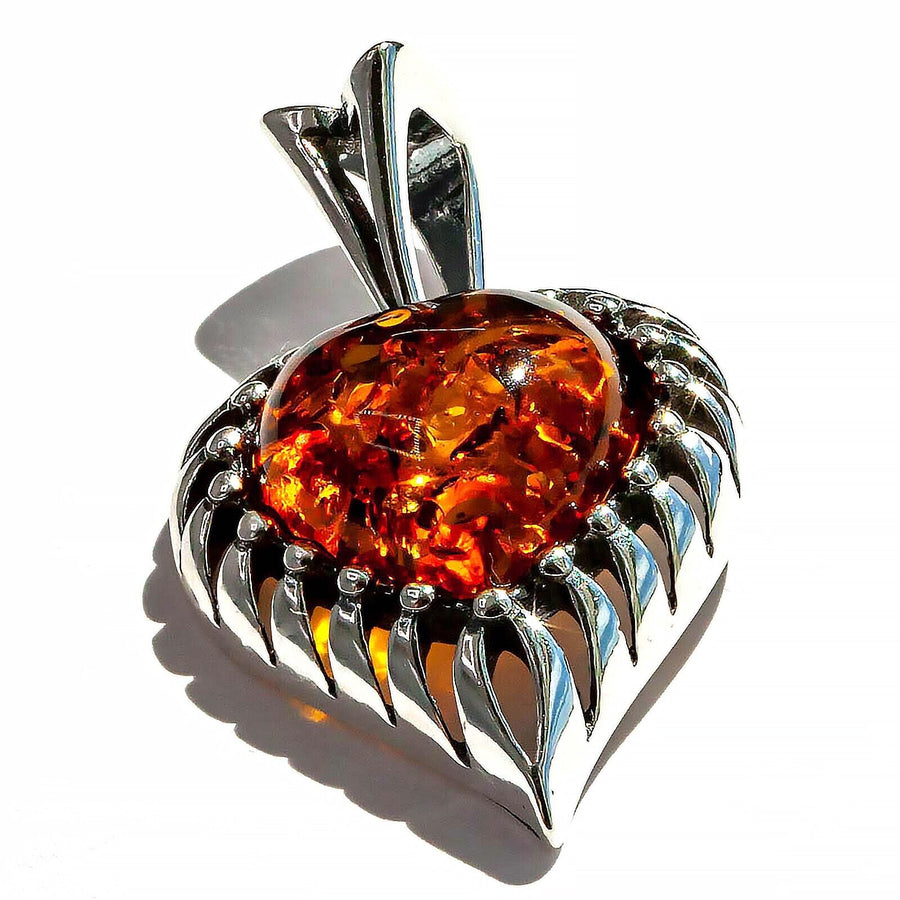 925 Solid Pure Sterling Silver Honey Baltic Amber Modern Beautiful Heart Pendant
