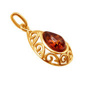 14k Pure Solid Yellow Gold Honey Baltic Amber Small Designer Drop Charm Pendant