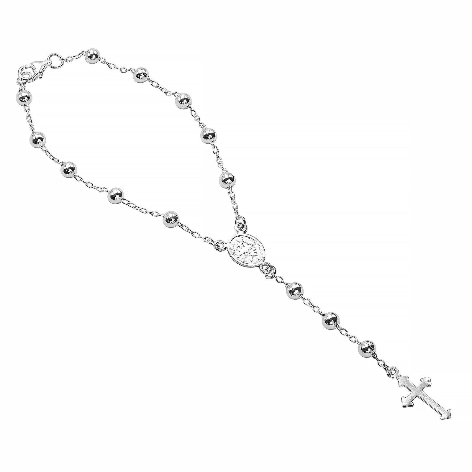 925 Solid Pure Sterling Silver Rosary Cross Virgin Mary Prayer Bracelet 7 Inches