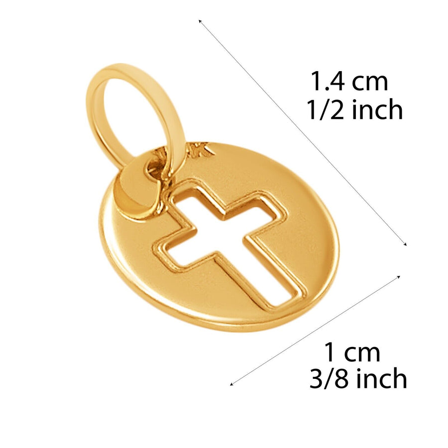 10k Pure Solid Yellow Gold Round Cross Laser Cut Small Charm Religious Pendant