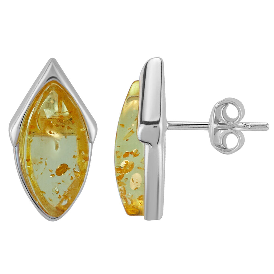 925 Solid Pure Sterling Silver Lemon Baltic Amber Marquise Stud Pretty Earrings