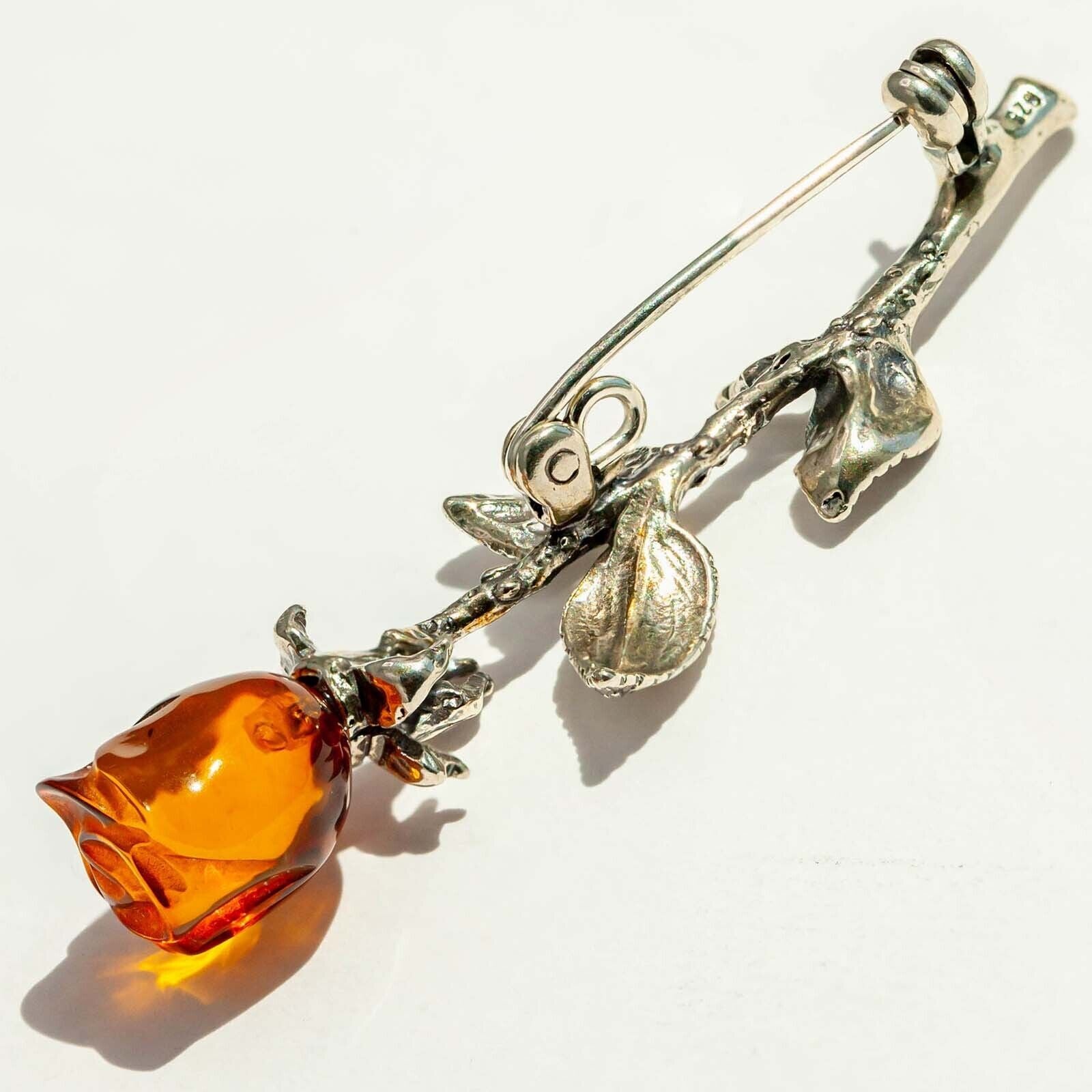 925 Solid Pure Sterling Silver Honey Baltic Amber Designer Nice Rose Brooch Pin