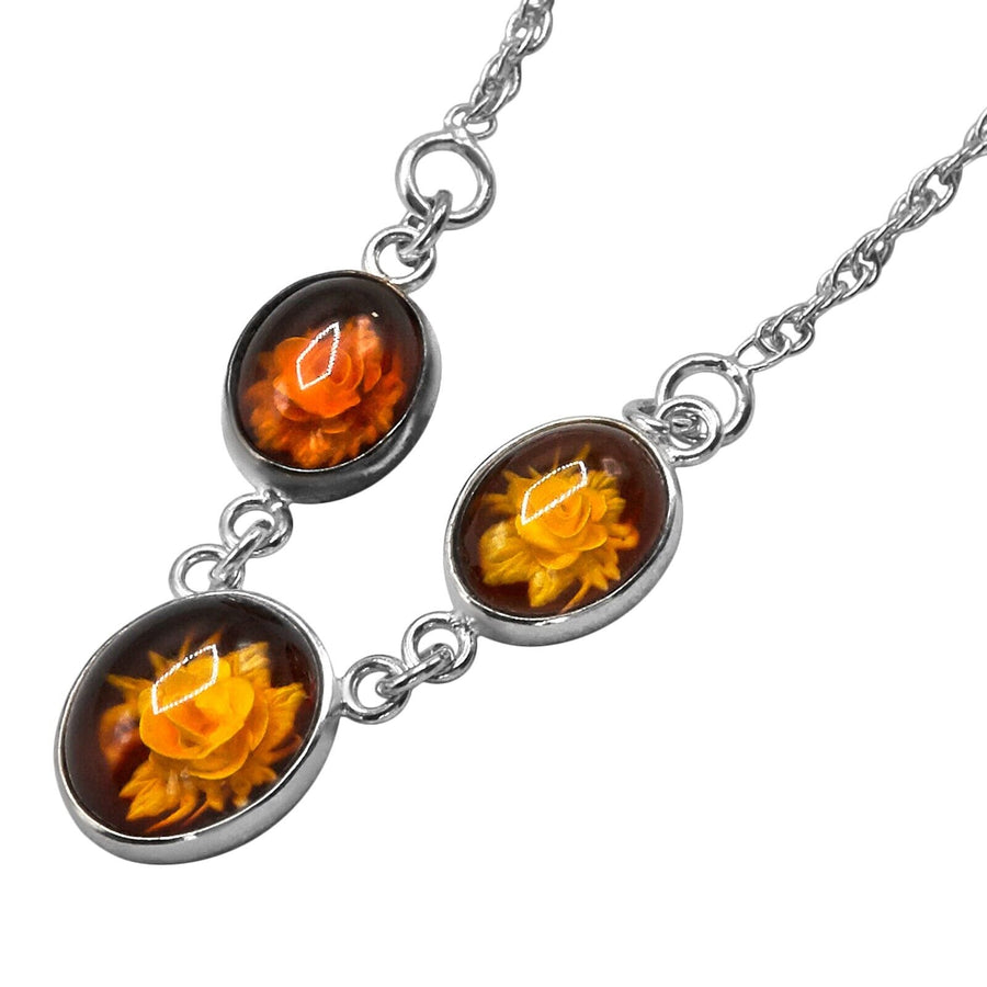 925 Solid Sterling Silver Baltic Amber Carved Cameo Flowers Nice Necklace 17 in