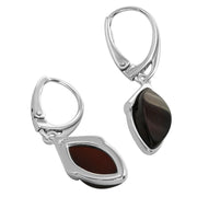 925 Solid Pure Sterling Silver Dark Red Baltic Amber Marquise Leverback Earrings
