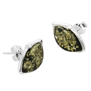 925 Solid Pure Sterling Silver Green Baltic Amber Marquise Stud Pretty Earrings