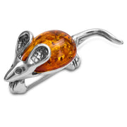 925 Solid Sterling Silver Honey Baltic Amber Cute Mouse Small Pretty Brooch Pin