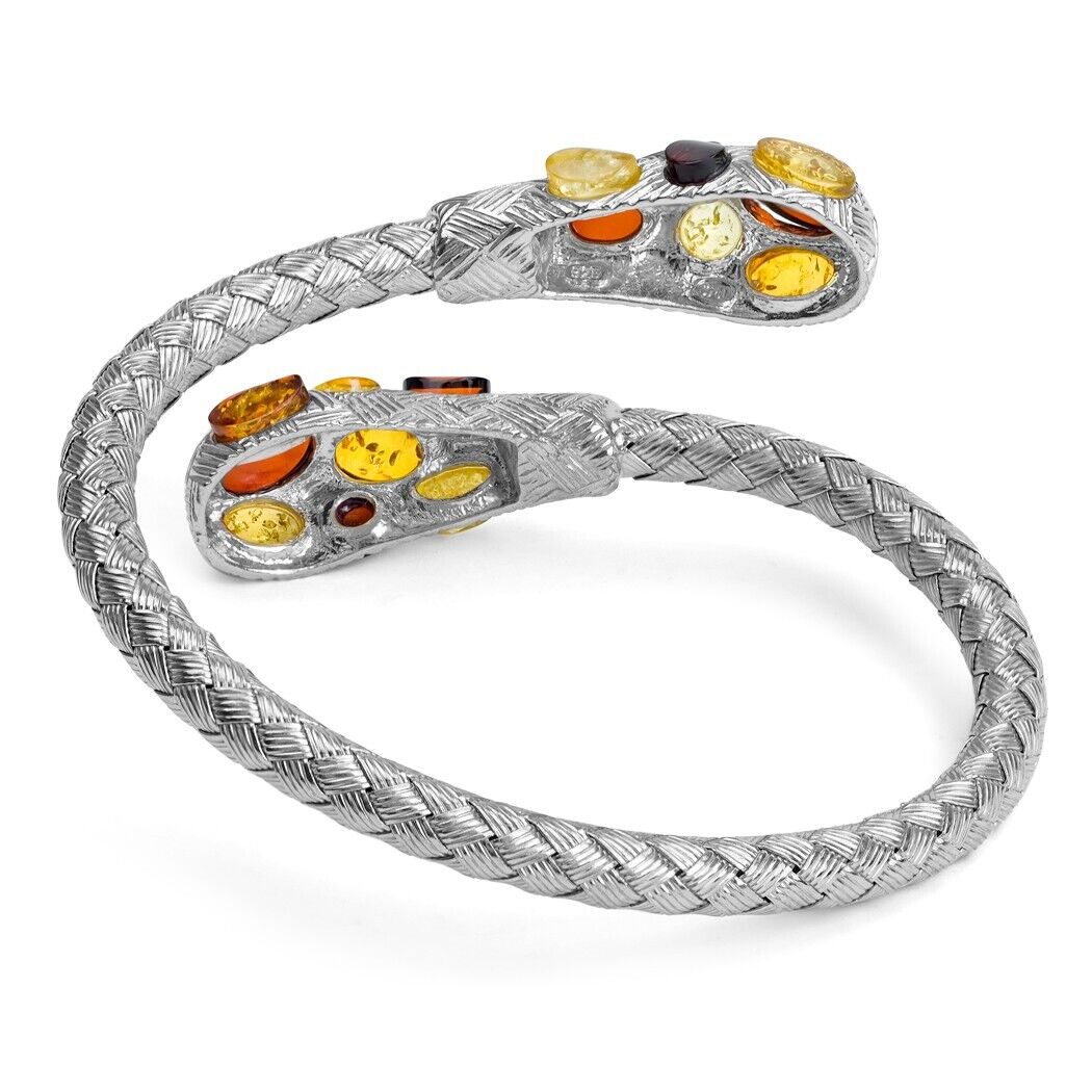 925 Solid Sterling Silver Multicolor Baltic Amber Designer Beautiful Bangle 7 in