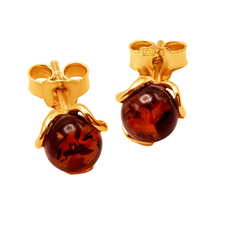 14k Pure Solid Yellow Gold Honey Baltic Amber Flower Designer Small Stud Earring
