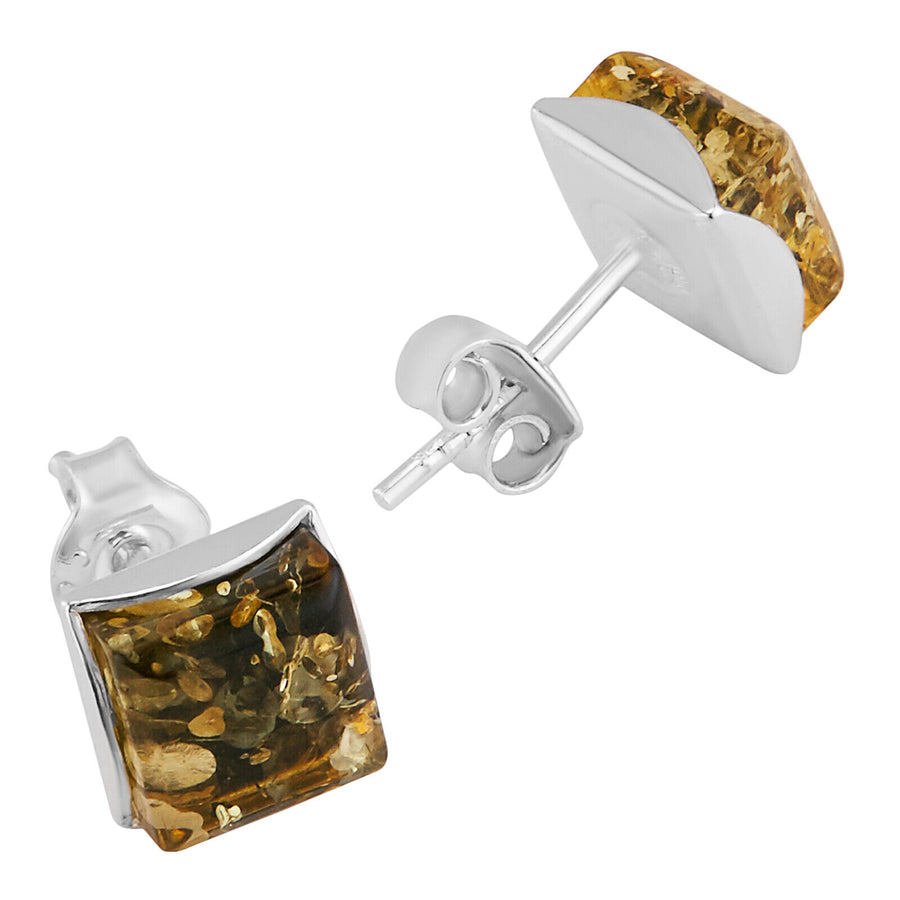 925 Solid Pure Sterling Silver Green Baltic Amber Square Medium Stud Earrings