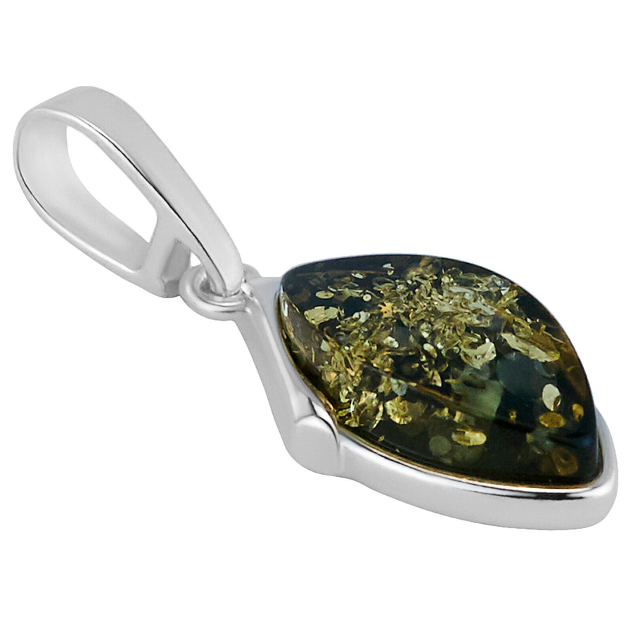 925 Solid Pure Sterling Silver Green Baltic Amber Designer Marquise Nice Pendant