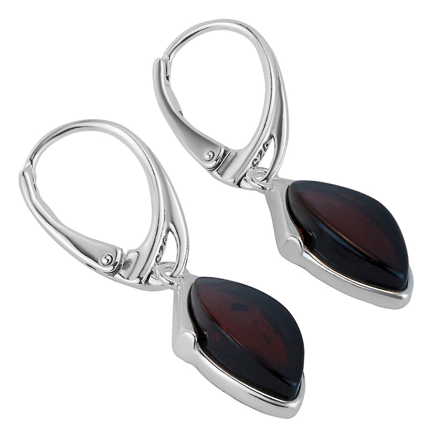 925 Solid Pure Sterling Silver Dark Red Baltic Amber Marquise Leverback Earrings