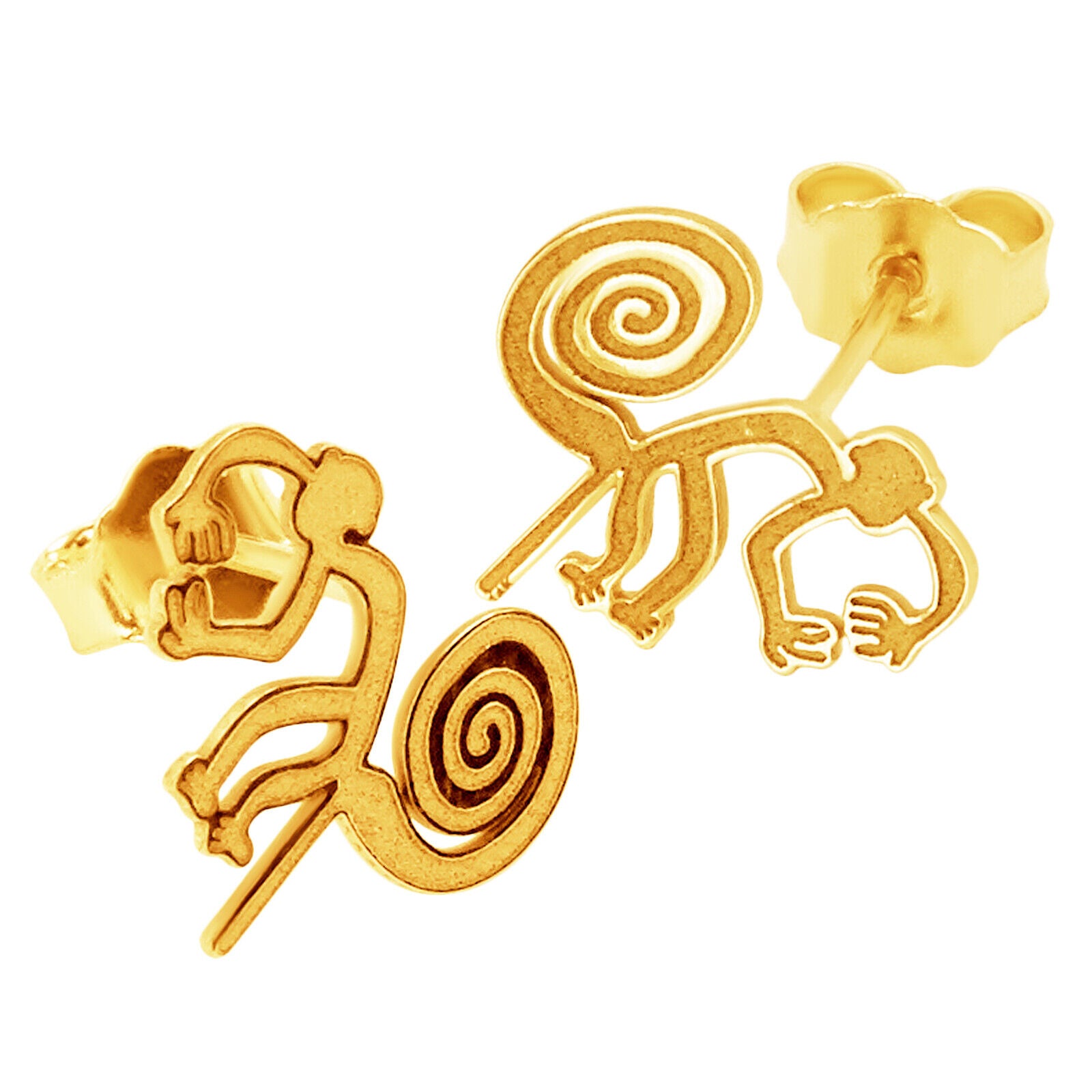 14k Solid Yellow Fine Gold Nazca Line Monkey World Wonder Geoglyph Stud Earrings