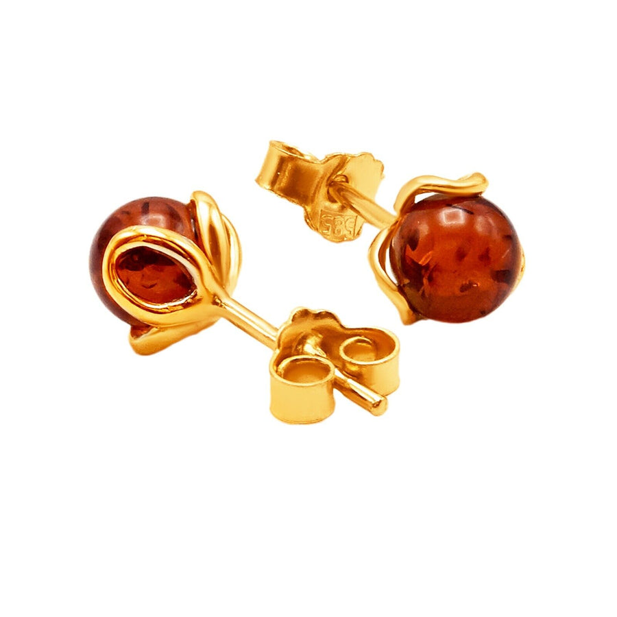 14k Pure Solid Yellow Gold Honey Baltic Amber Flower Designer Small Stud Earring