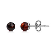 925 Solid Sterling Silver Cherry Baltic Amber Classic Ball Small Stud Earrings