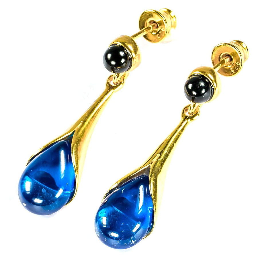 925 Solid Gold Plated Sterling Silver Blue Amber Designer Pretty Drop Earrings