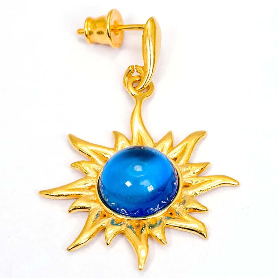 925 Solid Gold Plated Sterling Silver Blue Amber Round Flaming Sun Nice Earrings