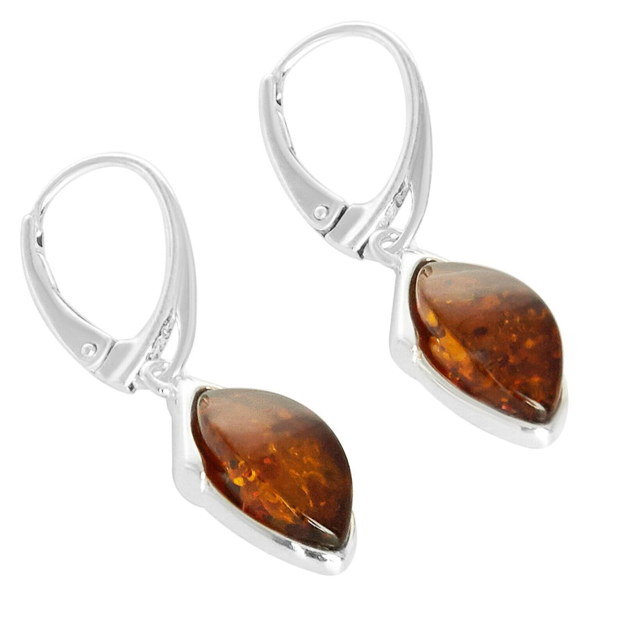 925 Solid Pure Sterling Silver Honey Baltic Amber Marquise Leverback Earrings