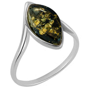 925 Solid Pure Sterling Silver Green Baltic Amber Marquise Designer Classic Ring
