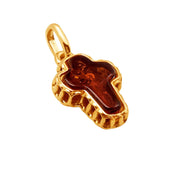 14k Pure Solid Yellow Gold Honey Baltic Amber Small Designer Cross Charm Pendant